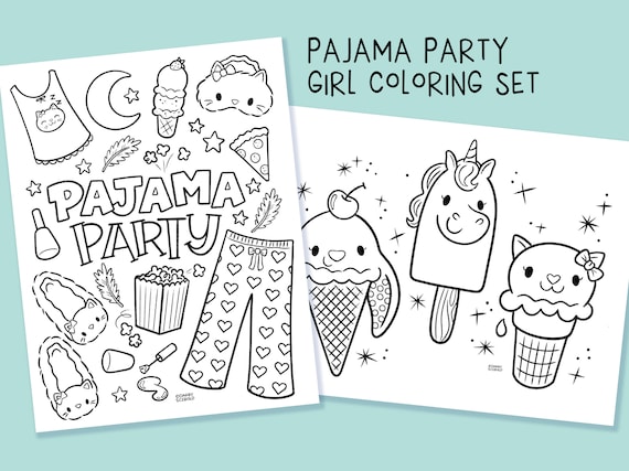 Girl coloring pages featuring pajamas kitties treats cute animals ice cream sleepover printable coloring pages instant download