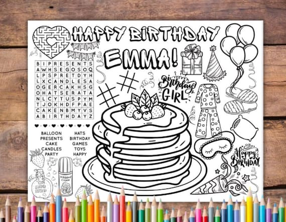 Customizable pancake breakfast birthday printable coloring page sleepover activity sheet pajama party