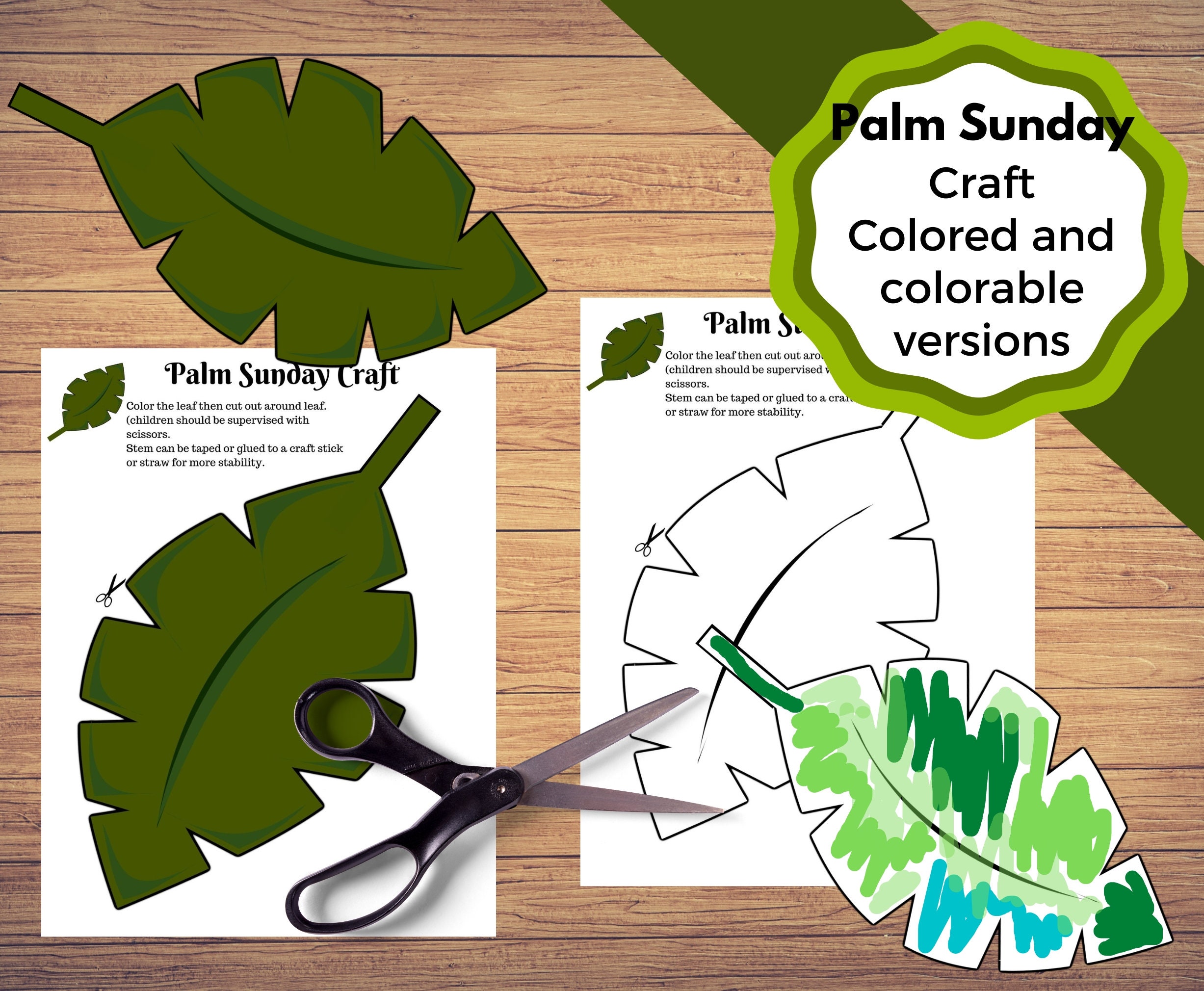 Palm sunday printable craft in a colored and colorable version with bonus coloring page triumphal entry craft