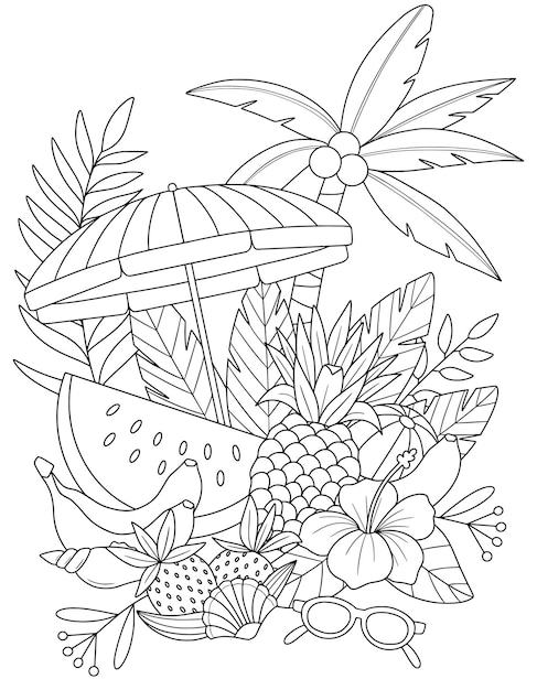 Premium vector a black and white line drawing of a tropical fruit and palm leaves