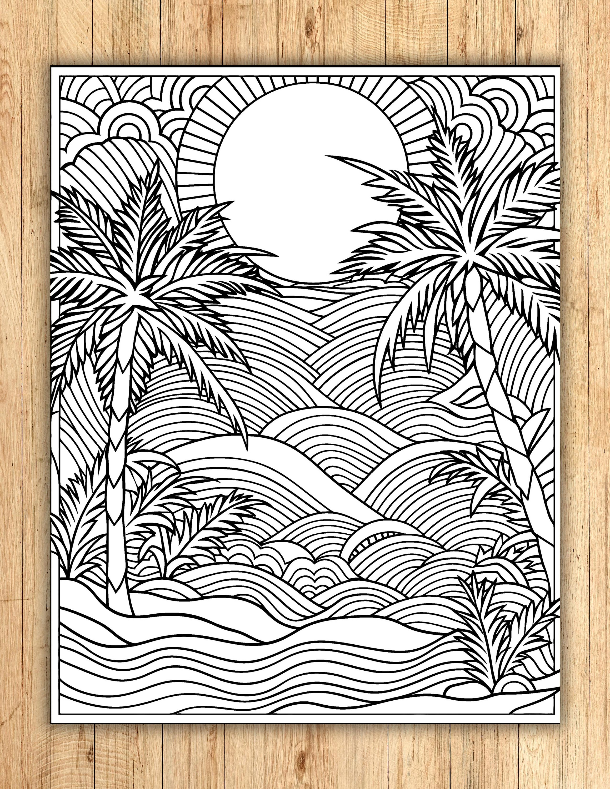 Sunset ocean waves coloring page printable coloring page ocean themed tropical palm tree pdf jpeg png digital download