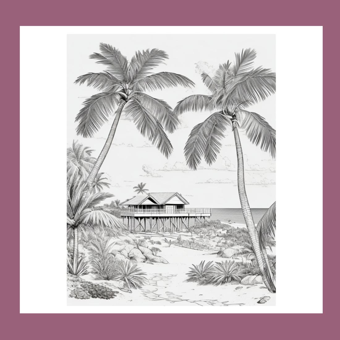 A tropical island with palm trees and a beach coloring page bundle