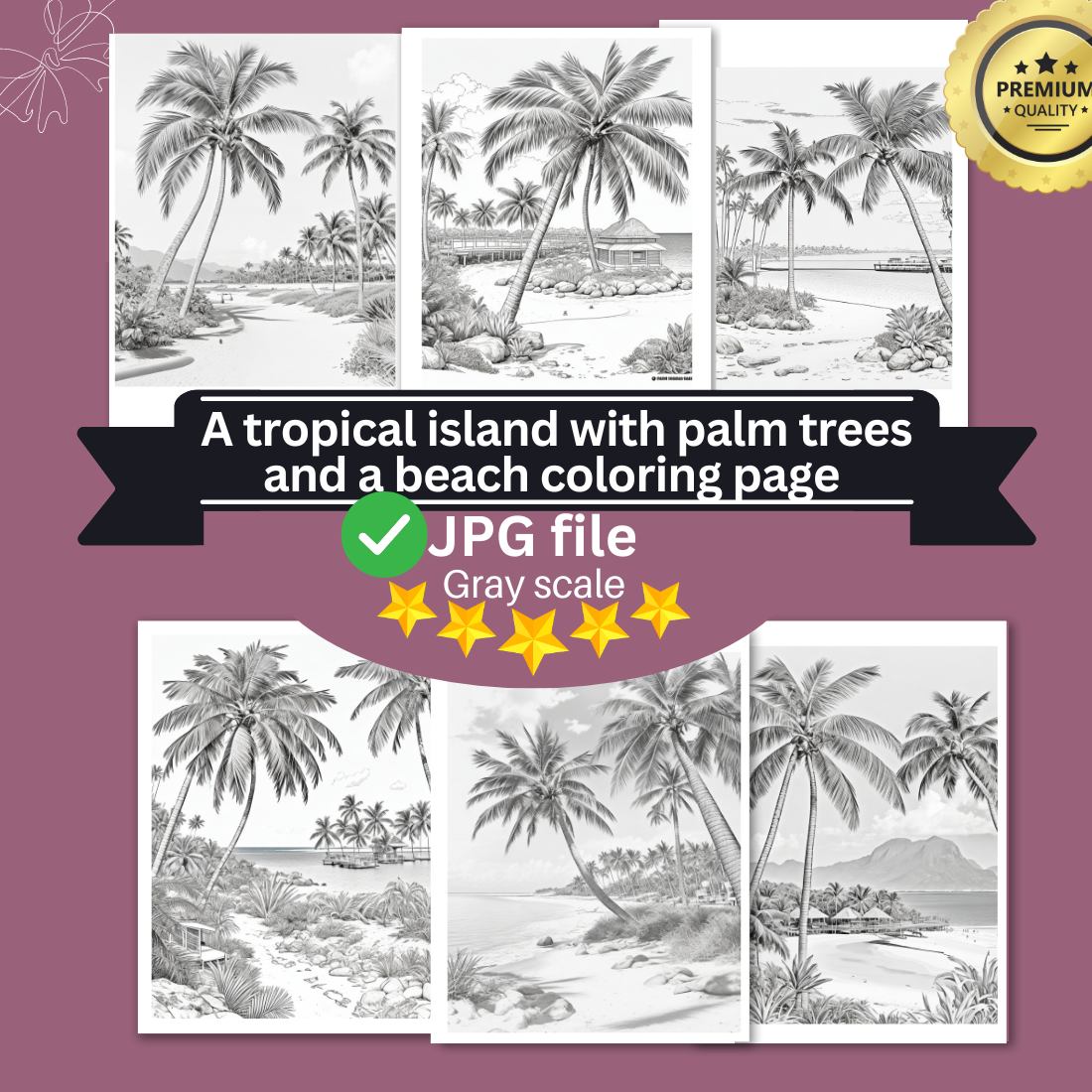 A tropical island with palm trees and a beach coloring page bundle