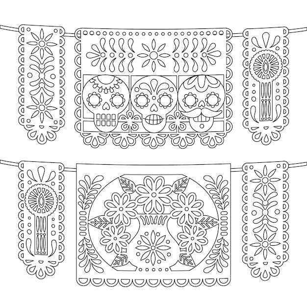 Free vector hand drawn dia de muertos papel picado coloring page illustration