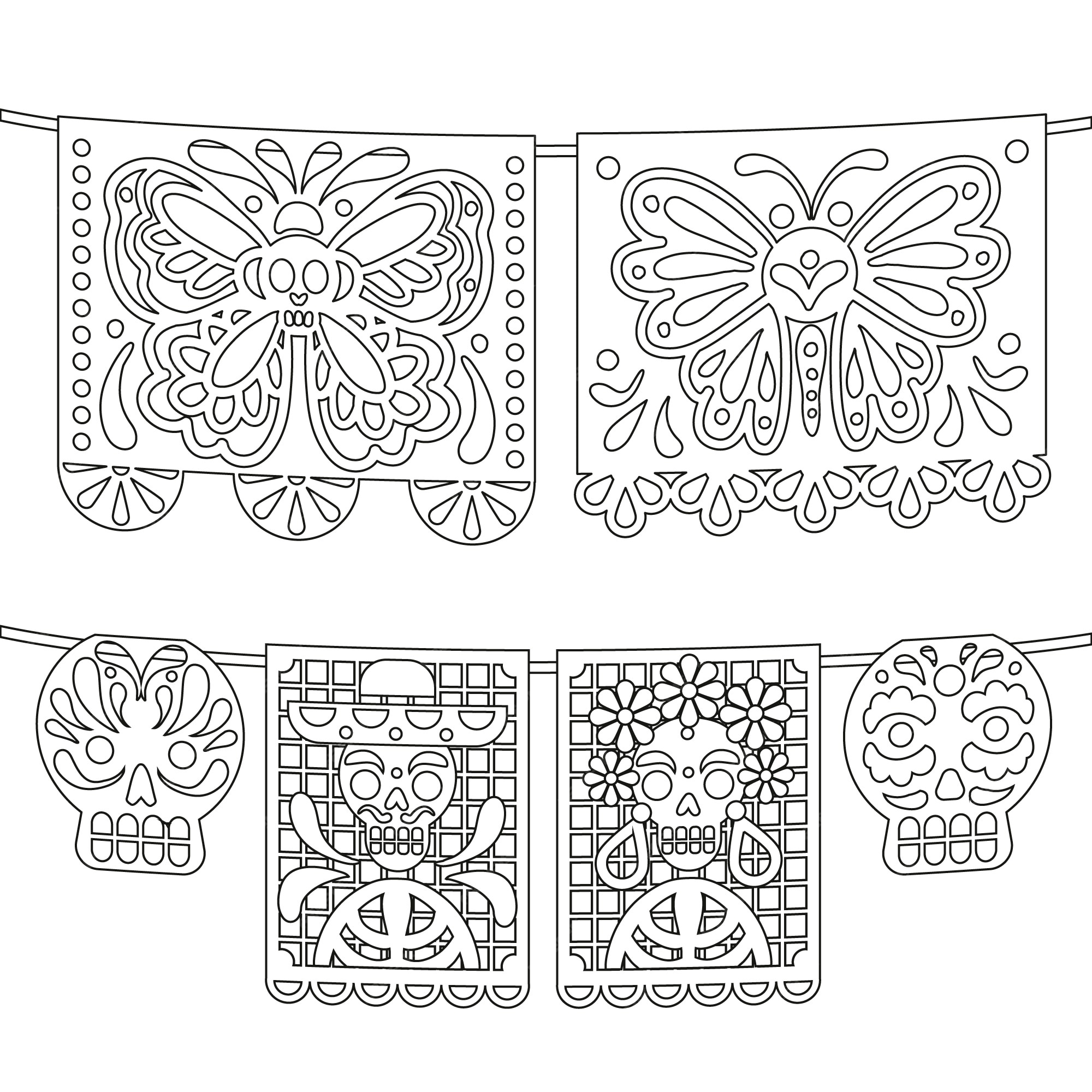 Free vector hand drawn dia de muertos papel picado coloring page illustration