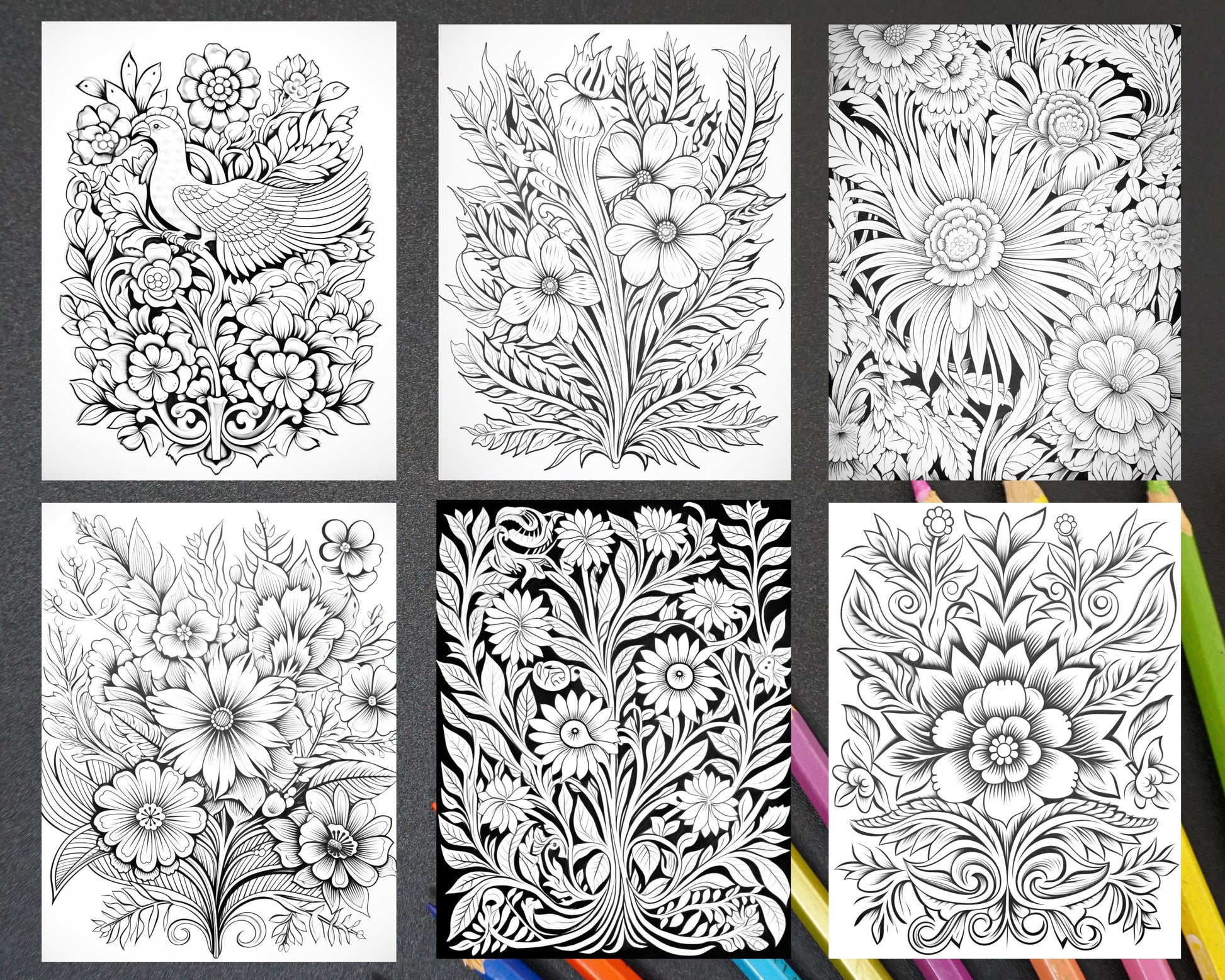 Folk art florals grayscale adult coloring pages printable pdf inst â coloring