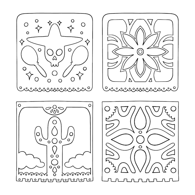 Free vector hand drawn dia de muertos papel picado coloring page illustration