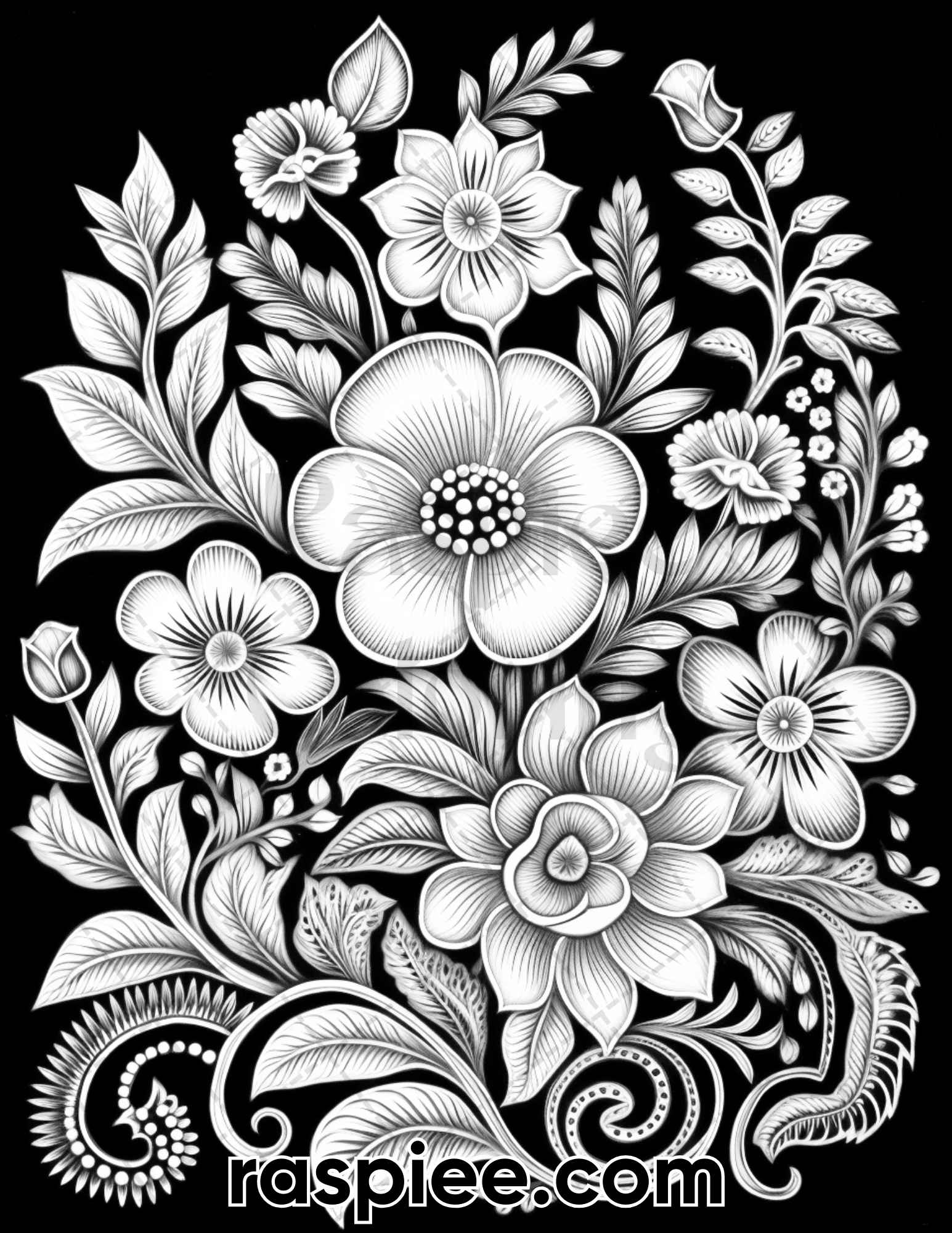 Folk art florals grayscale adult coloring pages printable pdf inst â coloring