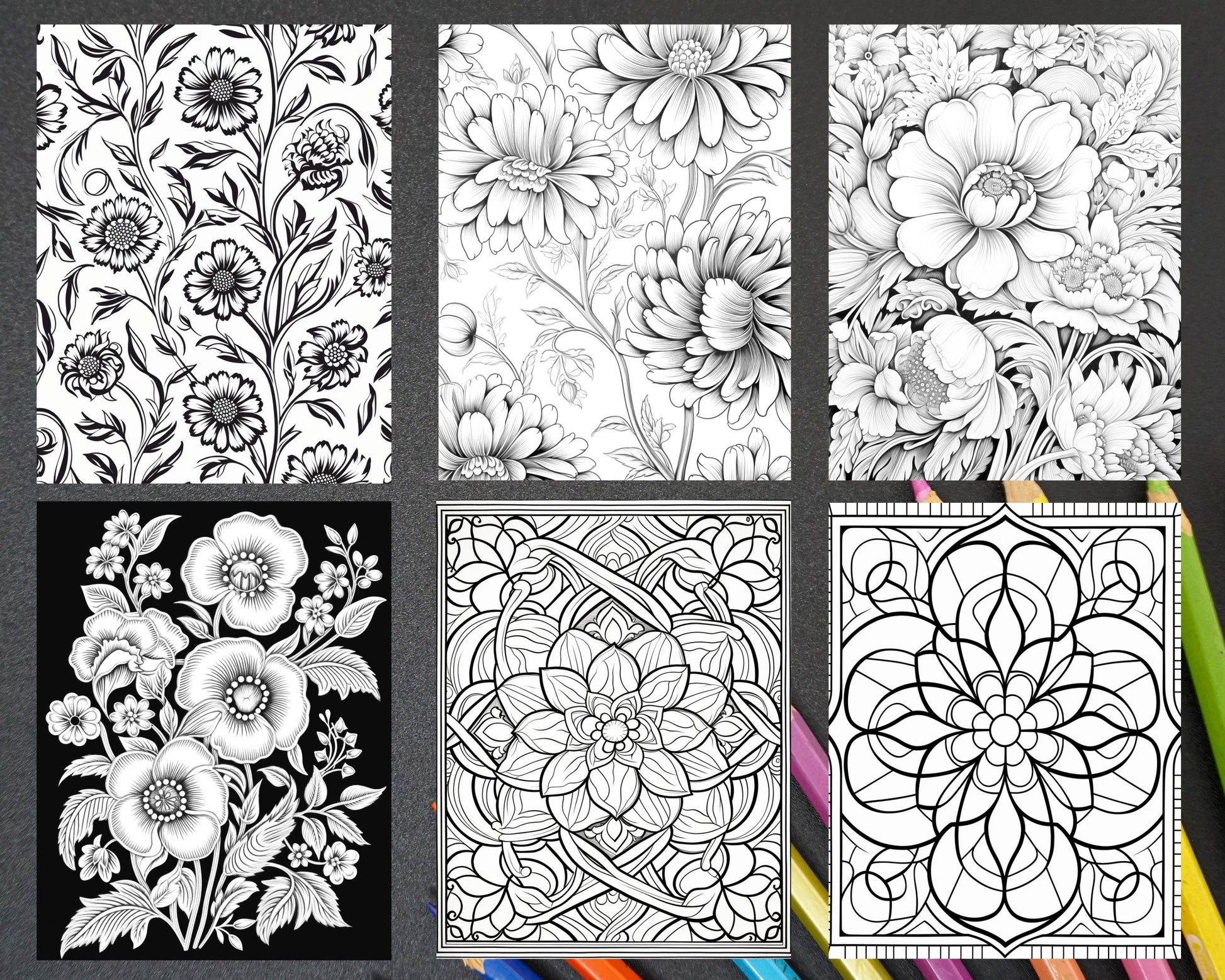 Folk art florals grayscale adult coloring pages printable pdf inst â coloring