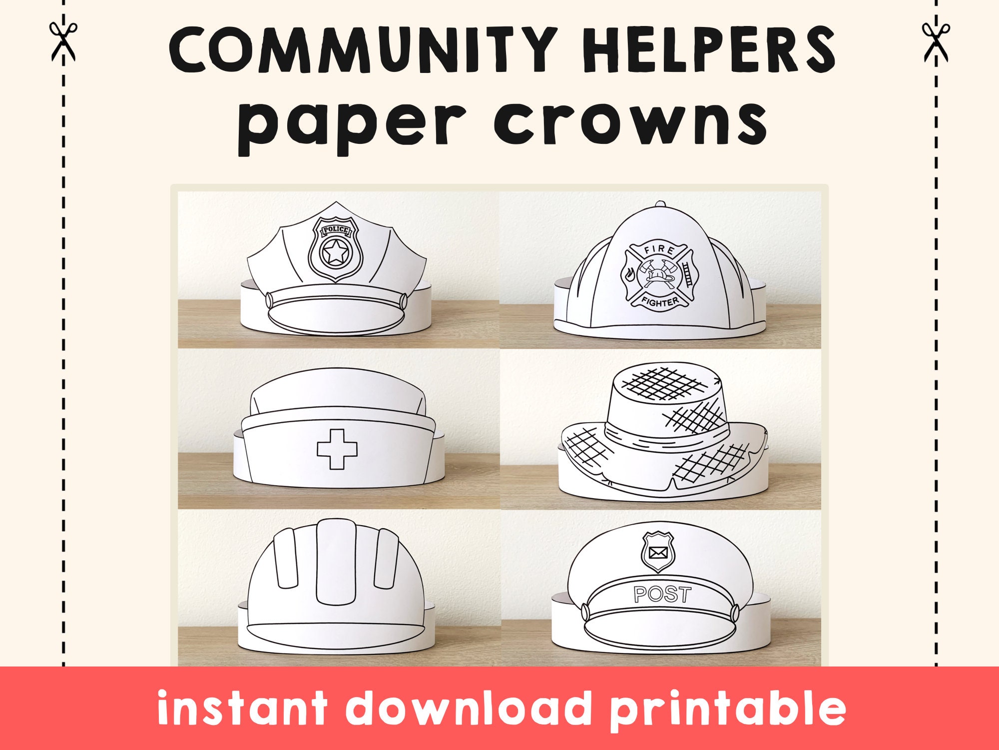 Munity helpers paper crowns police builder farmer nurse postman coloring firefighter printable kids craft birthday party costume download