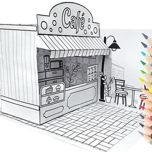 New printable kit for paper cafe toy coloring pages paper kid craft ice cream shop display with interior furniture d paper doll house pdf