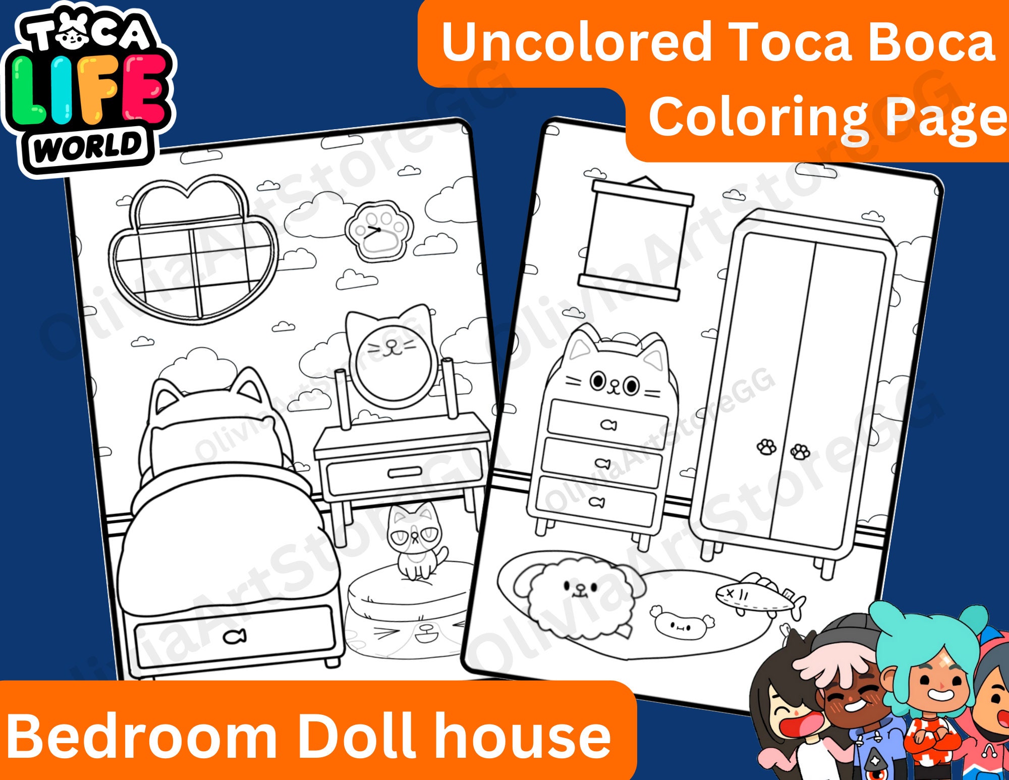 Uncolored toca boca paper doll house with furniture toca boca paper craft quiet book toca boca printable doll toca bedroom cat