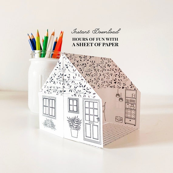 Printable origami paper house ivy cottage coloring page kids activity instant download paper dollhouse paper craft