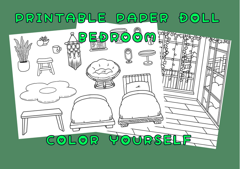 Printable uncolored paper doll bedroom toca boca flower bedroom quiet book pages printable bedroom for paper dolls