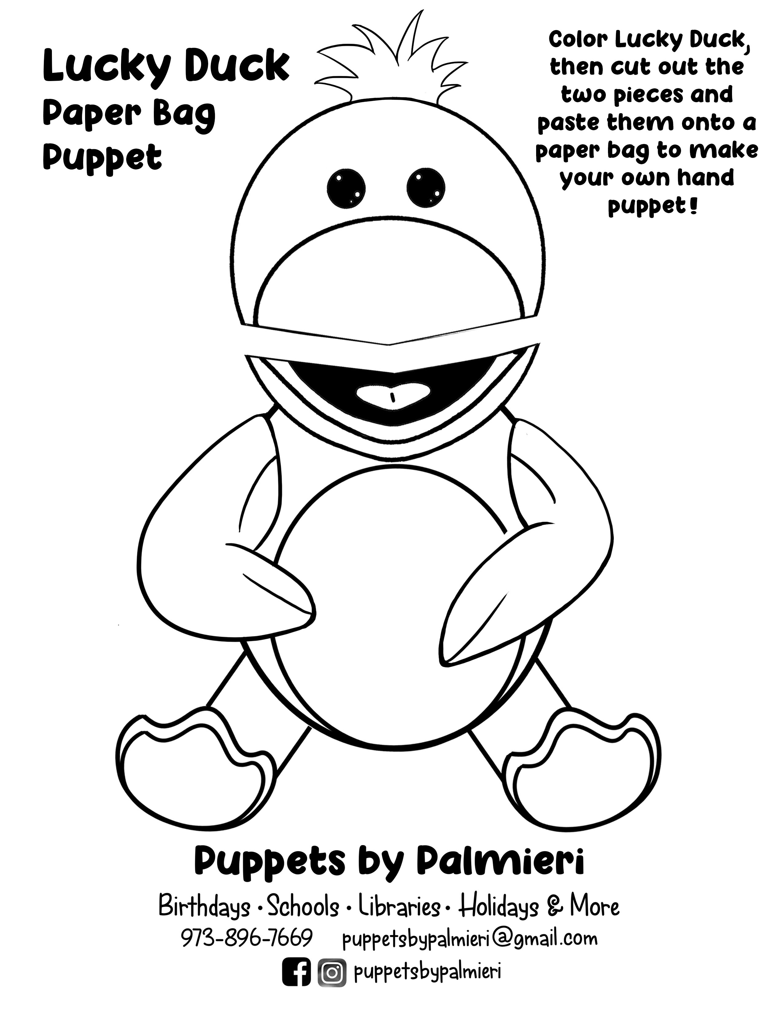 Lucky duck paper bag puppet coloring sheet