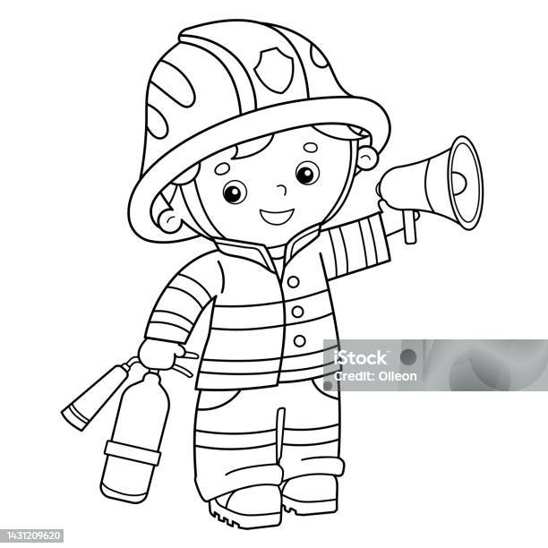 Coloring page outline of cartoon fireman or firefighter with a megaphone or horn and fire extinguisher profession coloring book for kids stock illustration