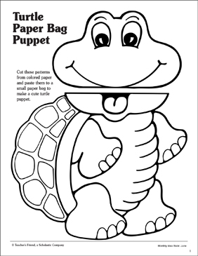 Turtle paper bag puppet pattern printable arts and crafts skills sheets