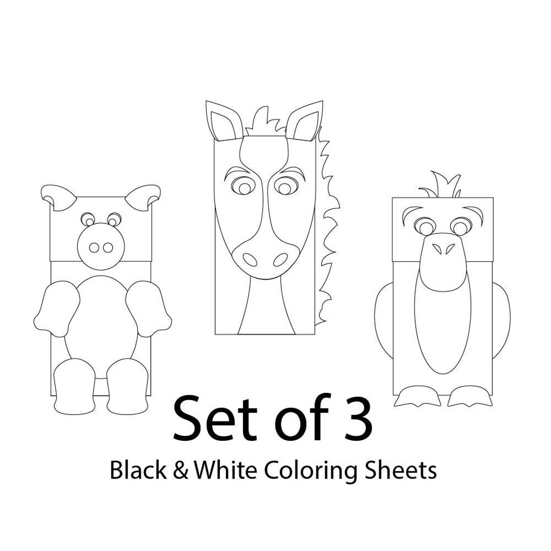 Farm animals paper bag puppets set of blank for coloring printable kids craft