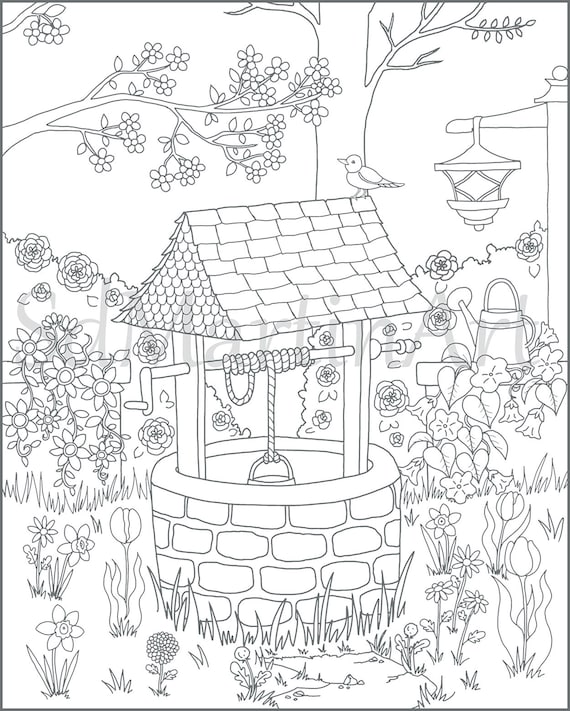 Flower garden wishing well printable adult coloring book page for adults and kids coloring sheet coloring designs instant download