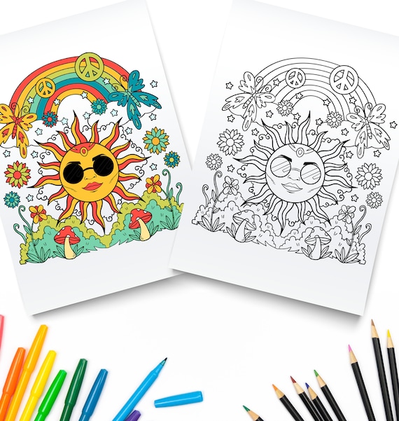 Hippie printable coloring pages sun rainbow digital download trippy coloring book