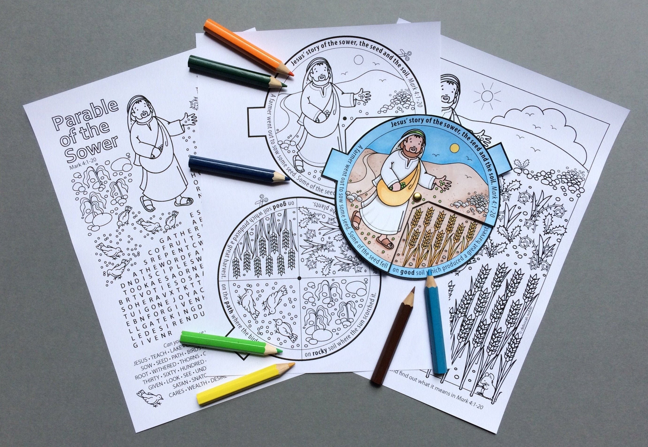 The parable of the sower and the soils colour in story wheel colouring page and word search based on the bible story from mark