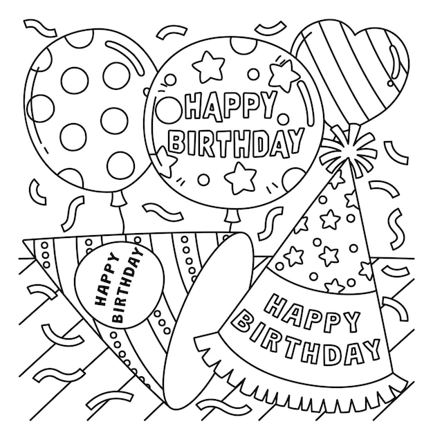 Premium vector a cute and funny coloring page of a birthday party hat and balloons provides hours of coloring fun for children color this page is very easy suitable for little