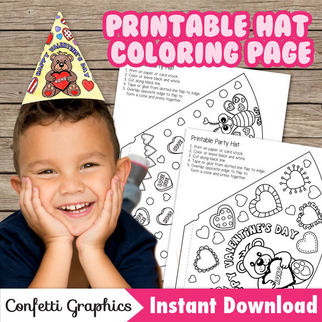 Valentines kids activity coloring printable party hat childs valentines day activity instant download