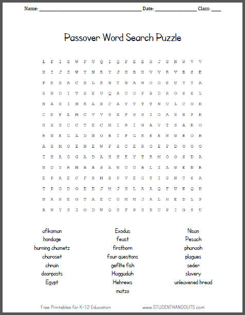 Free printable passover word search puzzle student handouts