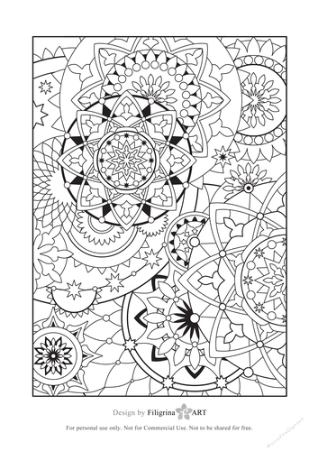Digital adult coloring page zentangle doodles steampunk stars geometric pattern meditation printable sheet