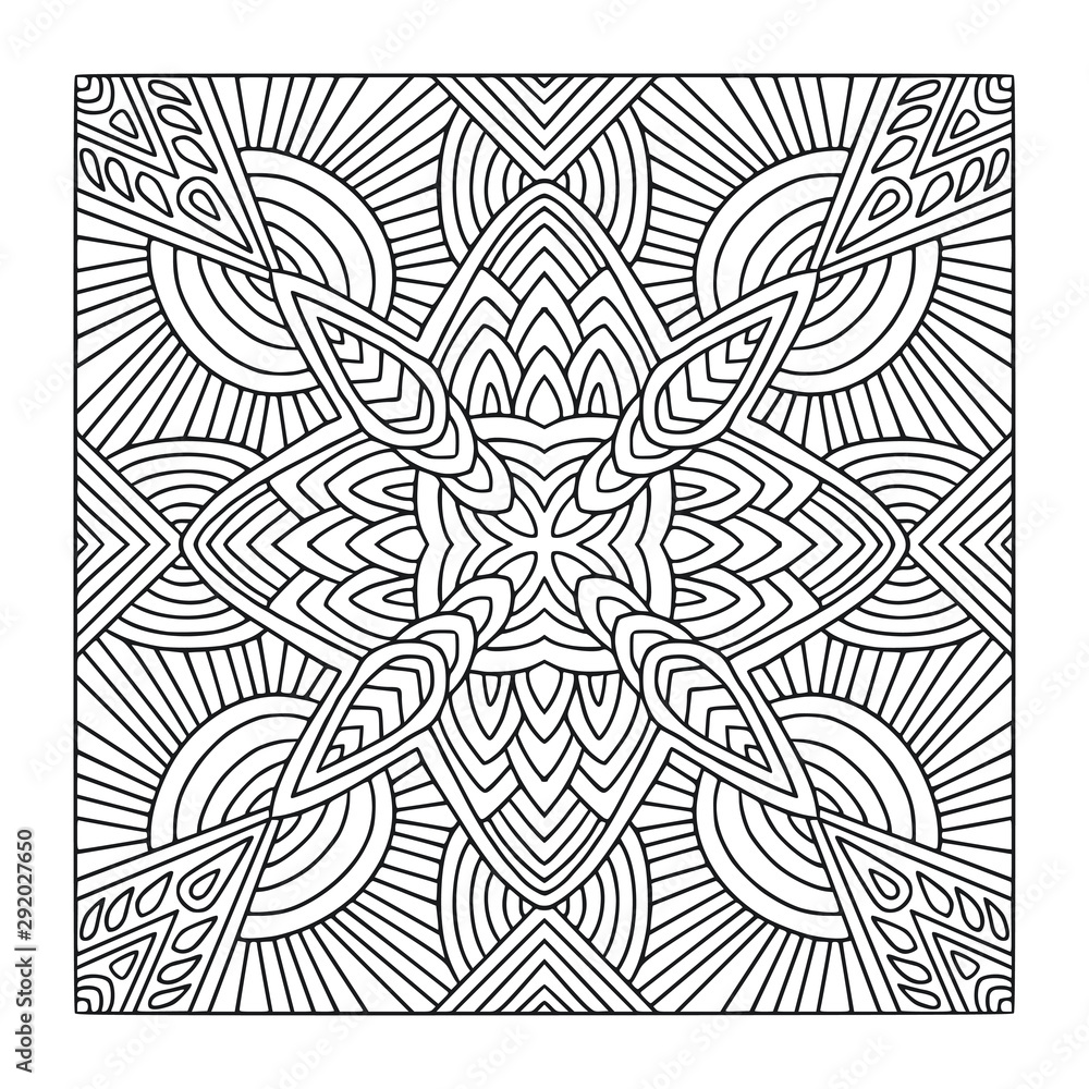 Coloring book page print pattern linear black and white background template for textile ornamental square pattern with geometric ornament vector