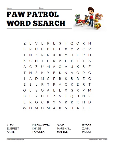 Paw patrol word search â free printable