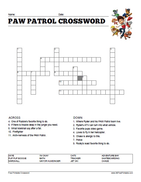 Paw patrol crossword â free printable