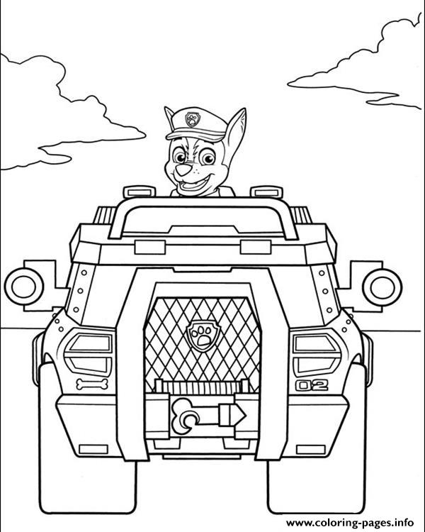 Paw patrol chase is driving a war truck coloring page printable