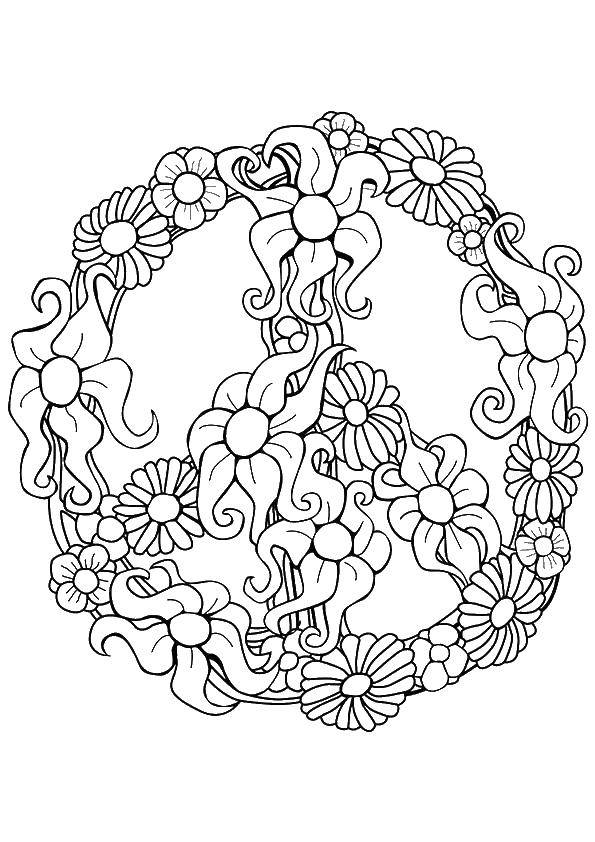 Online coloring pages coloring page peace sign of flowers i love you download print coloring page
