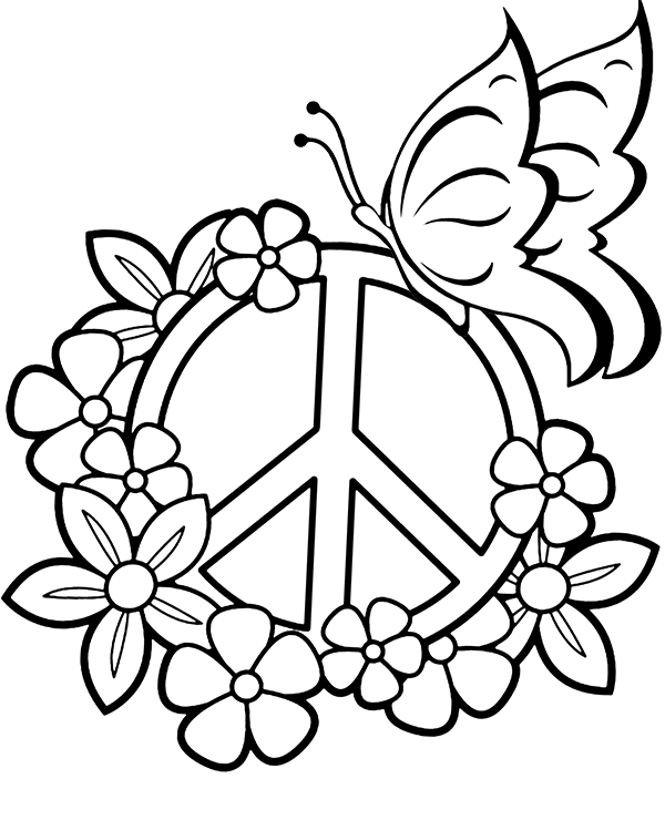 Coloring page of flowers peace sign and butterfly