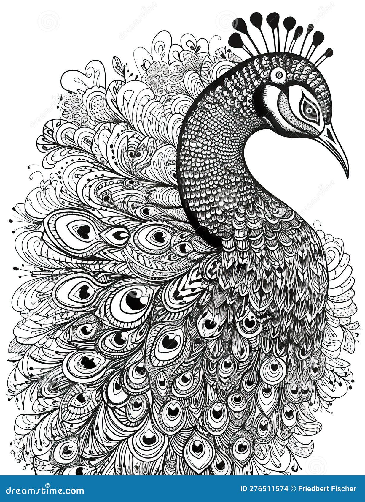 Peacock head black white outline for coloring book page ai generative coloring card stock illustration