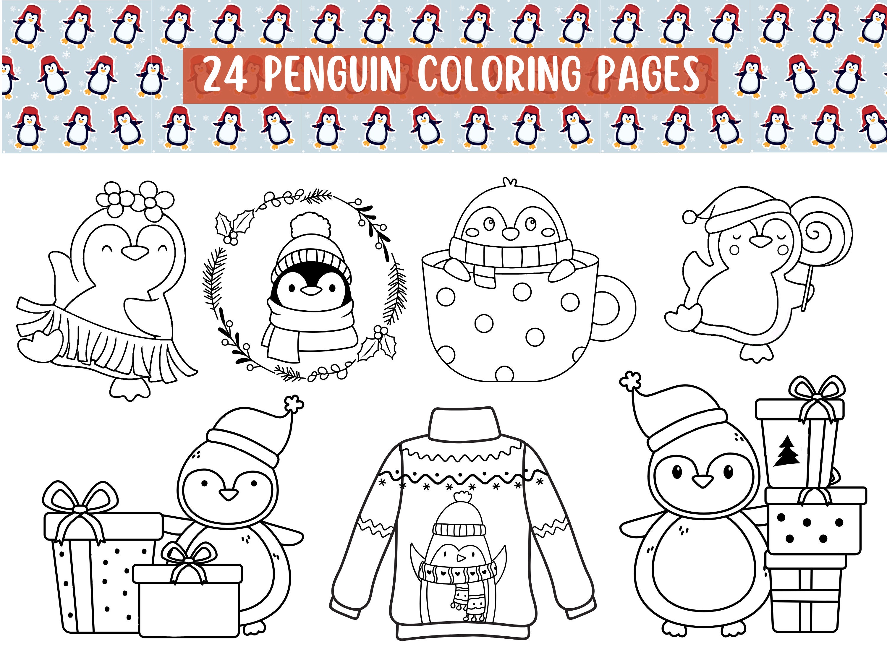 Penguin coloring pages cute winter color sheets printable color pages for girls and boys instant download