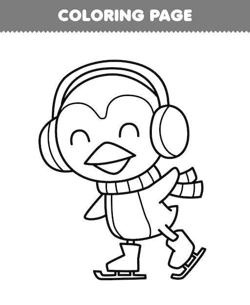 Premium vector education game for children coloring page of cute cartoon penguin wearing scarf and earmuff playing ice skating line art printable winter worksheet