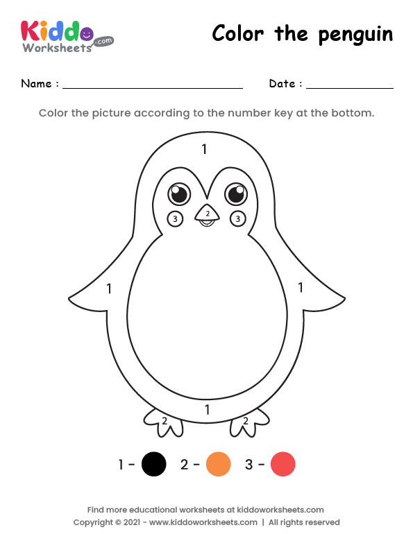 Free printable color the penguin worksheet