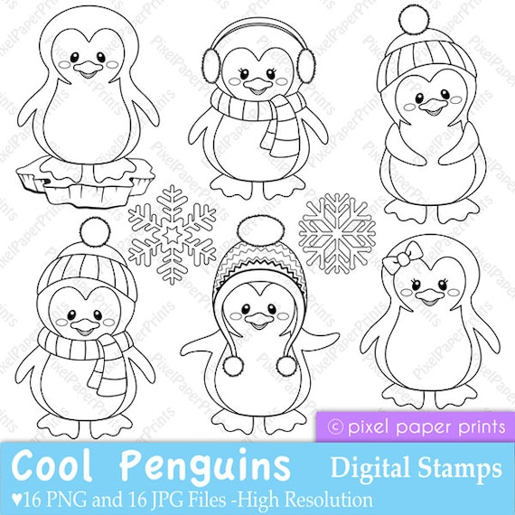 Cool penguins digital stamps clipart line art graphics to create coloring pages worksheets crafts more printable