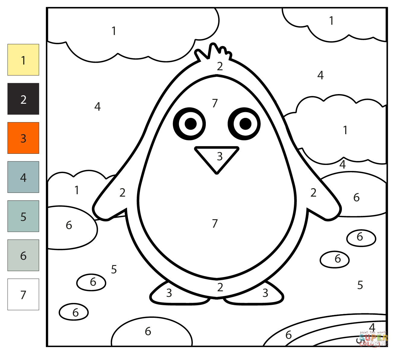Penguin color by number free printable coloring pages