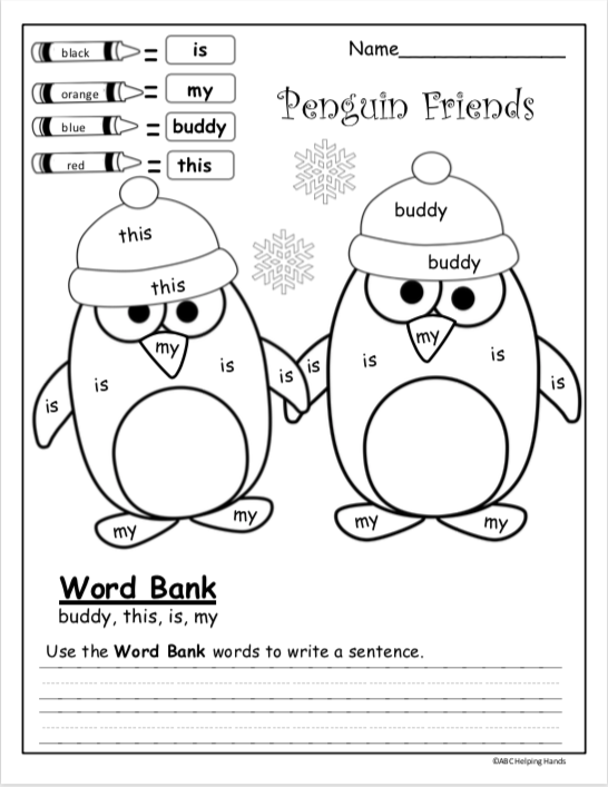 Free winter kindergarten sight word writing