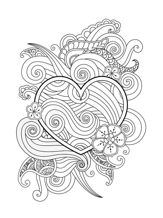 Coloring page with heart and abstract element isolated happy valentines day graphic for print card stock vector