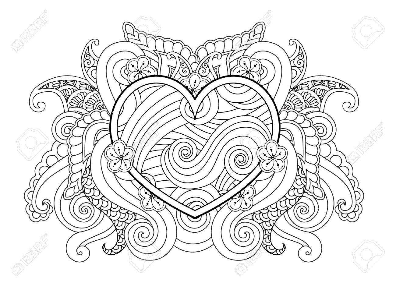 Coloring page with heart and abstract element isolated happy valentines day graphic for print card horizontal position coloring book for adult and older children editable vector illustration royalty free svg cliparts vectors