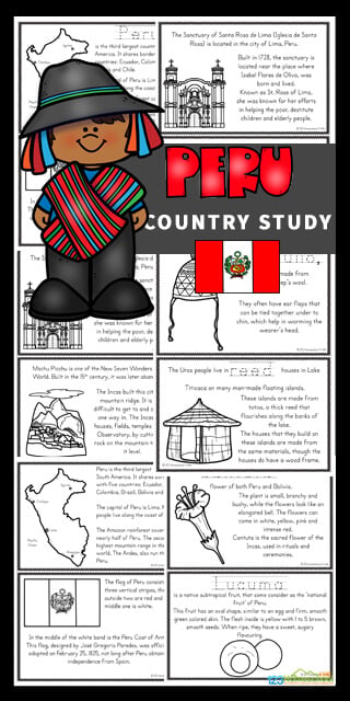 Free printable peru for kids worksheets to read color and learn