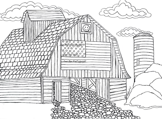 Barn american flag printable adult coloring book page instant download zentangle pdf kraft color meditation