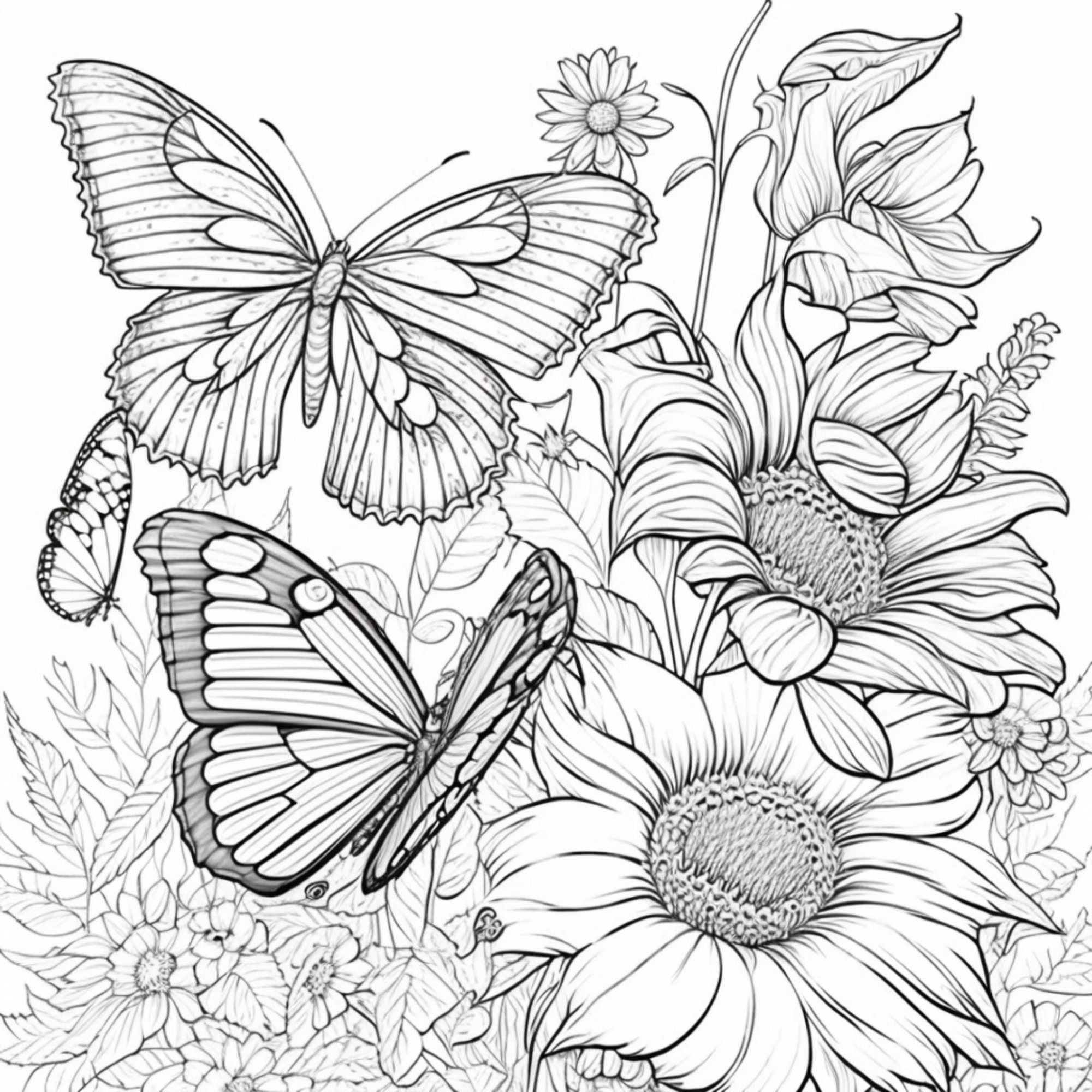 Printable flowers and butterflies coloring pages for kids and adults digital download pdf