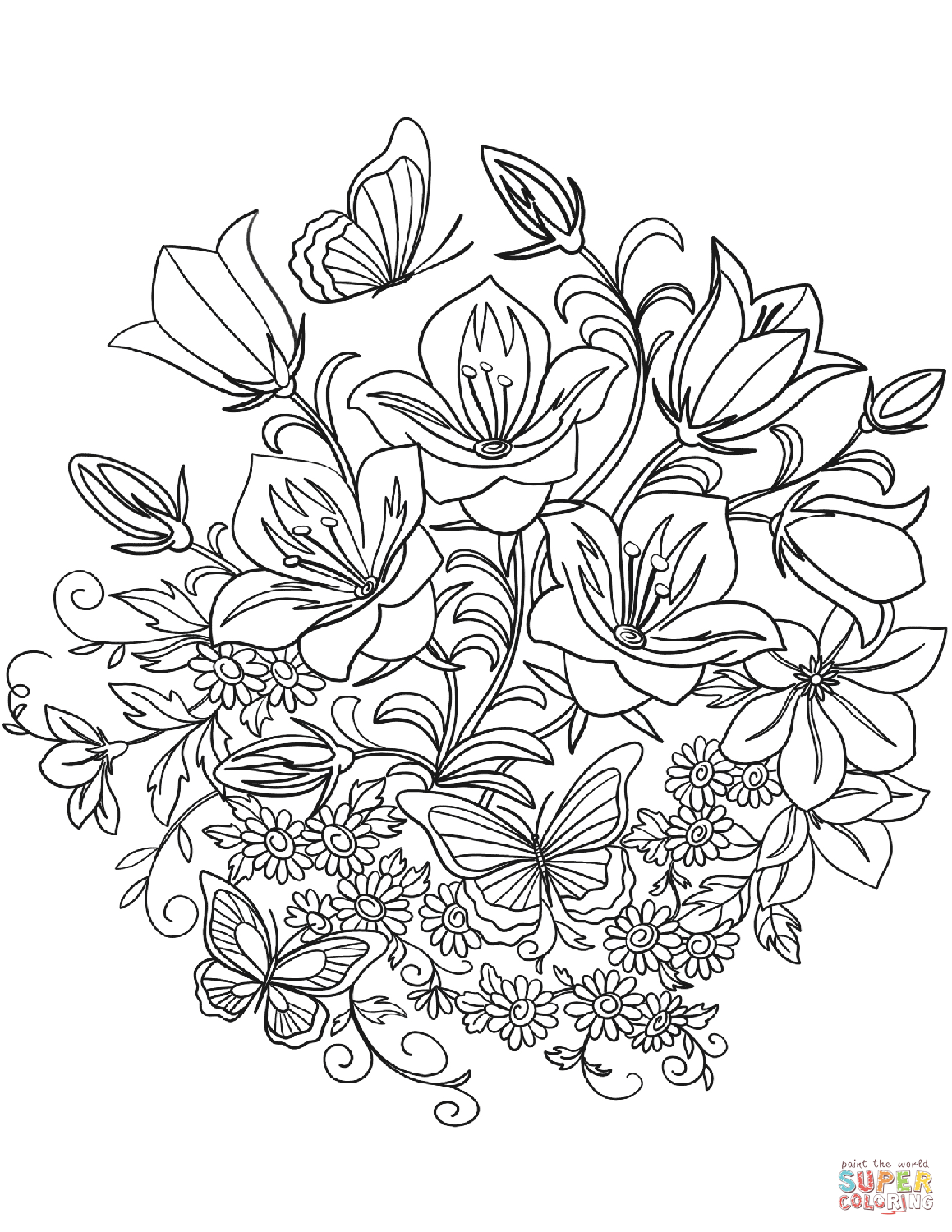Butterfly and flowers coloring page free printable coloring pages