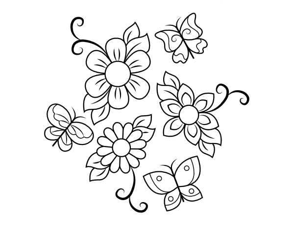 Printable butterflies with flowers coloring page