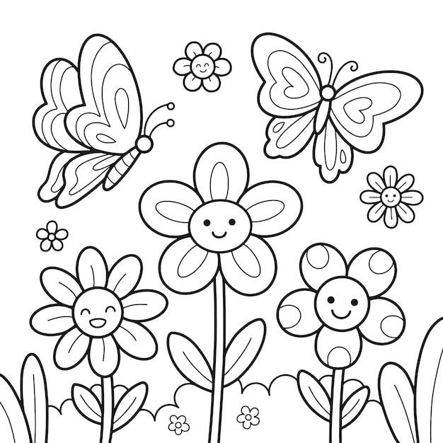 Premium vector cute flowers and butterfly printable coloring page